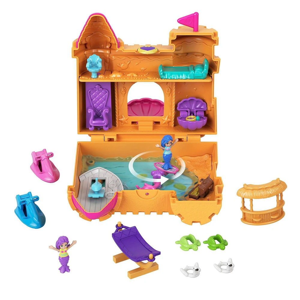 ​Polly Pocket Style & Sparkle Mermaid Pack with 4 Micro Dolls, Seashell Purse Compact, Surf ‘n’ Sandventure Compact, 4 Tiny Takeaways Pieces, 2 Necklaces, Boat, Submarine, 2 Jet Skis, Tiki Bar, 4 Floaties & More