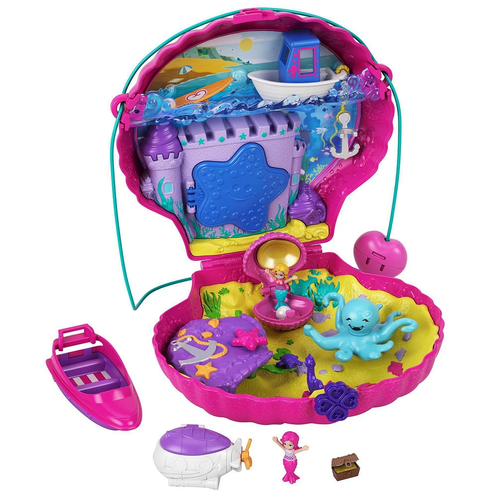 ​Polly Pocket Style & Sparkle Mermaid Pack with 4 Micro Dolls, Seashell Purse Compact, Surf ‘n’ Sandventure Compact, 4 Tiny Takeaways Pieces, 2 Necklaces, Boat, Submarine, 2 Jet Skis, Tiki Bar, 4 Floaties & More