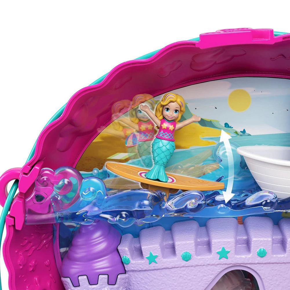 ​Polly Pocket Style & Sparkle Mermaid Pack with 4 Micro Dolls, Seashell Purse Compact, Surf ‘n’ Sandventure Compact, 4 Tiny Takeaways Pieces, 2 Necklaces, Boat, Submarine, 2 Jet Skis, Tiki Bar, 4 Floaties & More