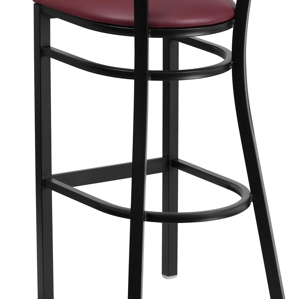 HERCULES Series Black Slat Back Metal Restaurant Barstool - Mahogany Wood Back, Burgundy Vinyl Seat