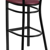 HERCULES Series Black Slat Back Metal Restaurant Barstool - Mahogany Wood Back, Burgundy Vinyl Seat