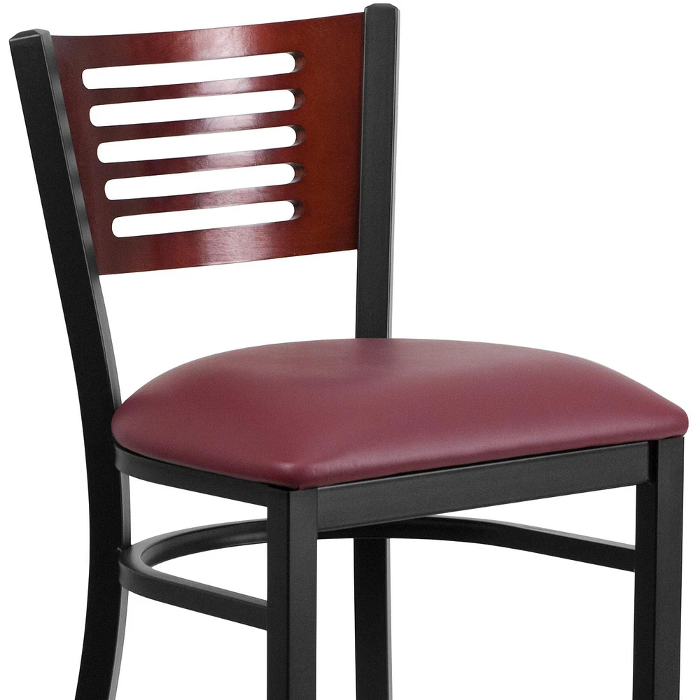 HERCULES Series Black Slat Back Metal Restaurant Barstool - Mahogany Wood Back, Burgundy Vinyl Seat