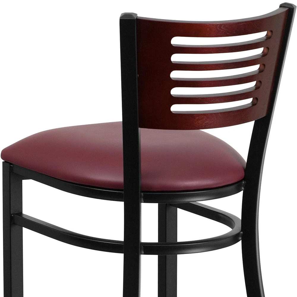 HERCULES Series Black Slat Back Metal Restaurant Barstool - Mahogany Wood Back, Burgundy Vinyl Seat