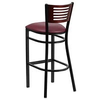 HERCULES Series Black Slat Back Metal Restaurant Barstool - Mahogany Wood Back, Burgundy Vinyl Seat