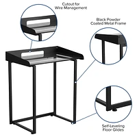 Contemporary Clear Tempered Glass Desk with Raised Cable Management Border and Black Metal Frame