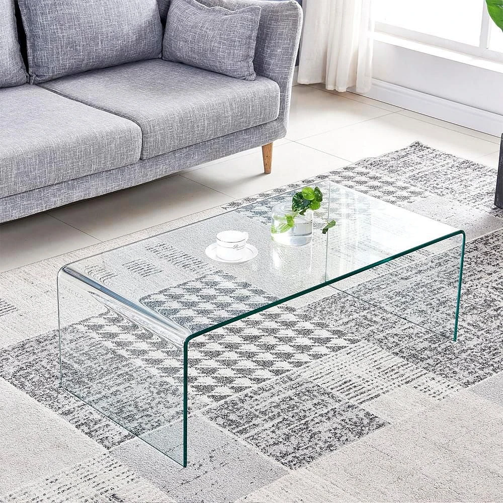 Heavenly Collection Glass Large Coffee Table in Clear, Clear Glass Large Coffee Table, Un-tempered Glass Large Coffee Table, Bent Glass Large Coffee Table, Waterfall Coffee Table, Glass Large Coffee Table