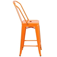 24'' High Orange Metal Indoor-Outdoor Counter Height Stool with Back