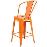 24'' High Orange Metal Indoor-Outdoor Counter Height Stool with Back