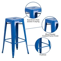 30'' High Backless Blue Metal Indoor-Outdoor Barstool with Square Seat