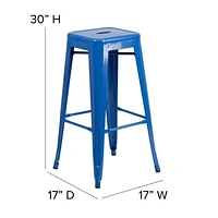 30'' High Backless Blue Metal Indoor-Outdoor Barstool with Square Seat