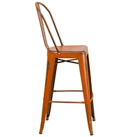 30'' High Distressed Orange Metal Indoor-Outdoor Barstool with Back