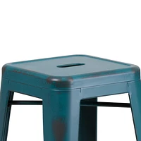 30'' High Backless Distressed Kelly Blue-Teal Metal Indoor-Outdoor Barstool