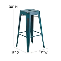 30'' High Backless Distressed Kelly Blue-Teal Metal Indoor-Outdoor Barstool