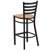 HERCULES Series Black Ladder Back Metal Restaurant Barstool - Natural Wood Seat