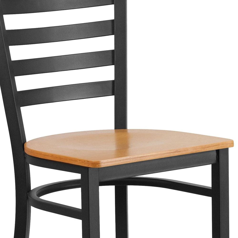 HERCULES Series Black Ladder Back Metal Restaurant Barstool - Natural Wood Seat