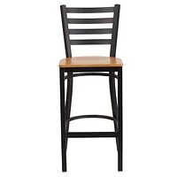 HERCULES Series Black Ladder Back Metal Restaurant Barstool - Natural Wood Seat