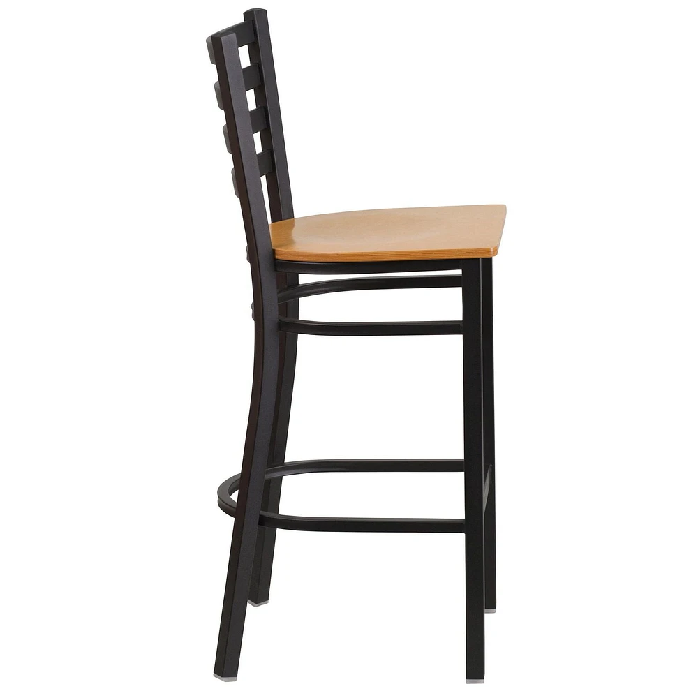 HERCULES Series Black Ladder Back Metal Restaurant Barstool - Natural Wood Seat