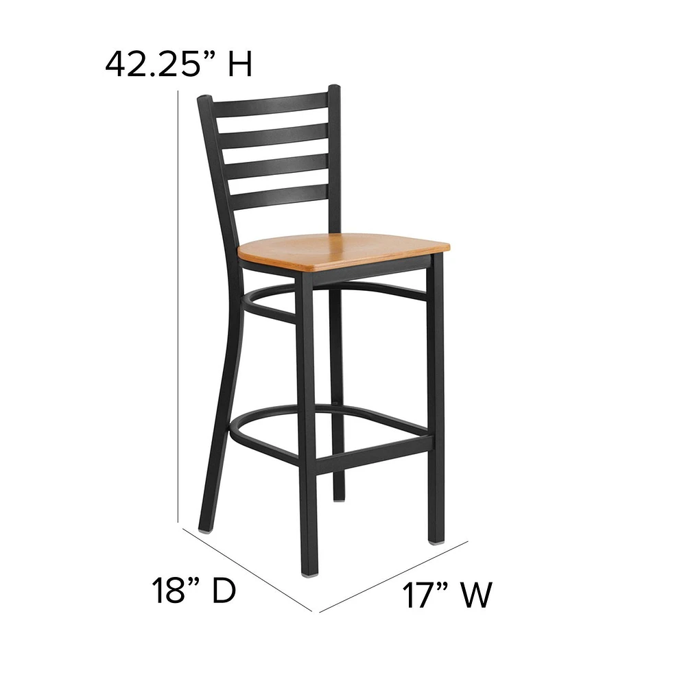 HERCULES Series Black Ladder Back Metal Restaurant Barstool - Natural Wood Seat