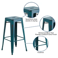 30'' High Backless Distressed Kelly Blue-Teal Metal Indoor-Outdoor Barstool