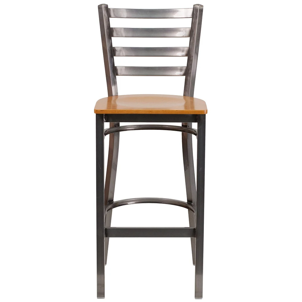 HERCULES Series Clear Coated Ladder Back Metal Restaurant Barstool - Natural Wood Seat