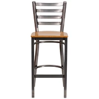 HERCULES Series Clear Coated Ladder Back Metal Restaurant Barstool - Natural Wood Seat