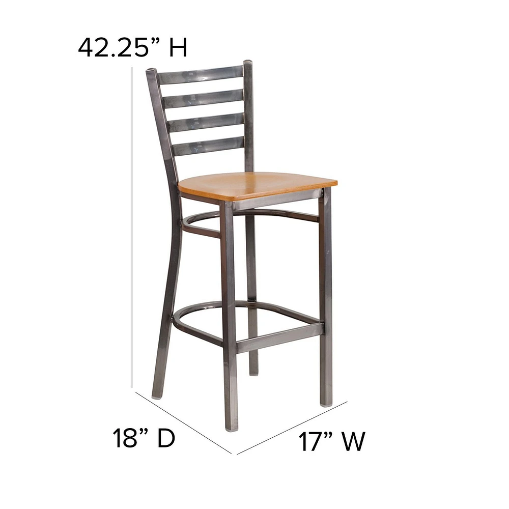 HERCULES Series Clear Coated Ladder Back Metal Restaurant Barstool - Natural Wood Seat