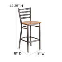 HERCULES Series Clear Coated Ladder Back Metal Restaurant Barstool - Natural Wood Seat