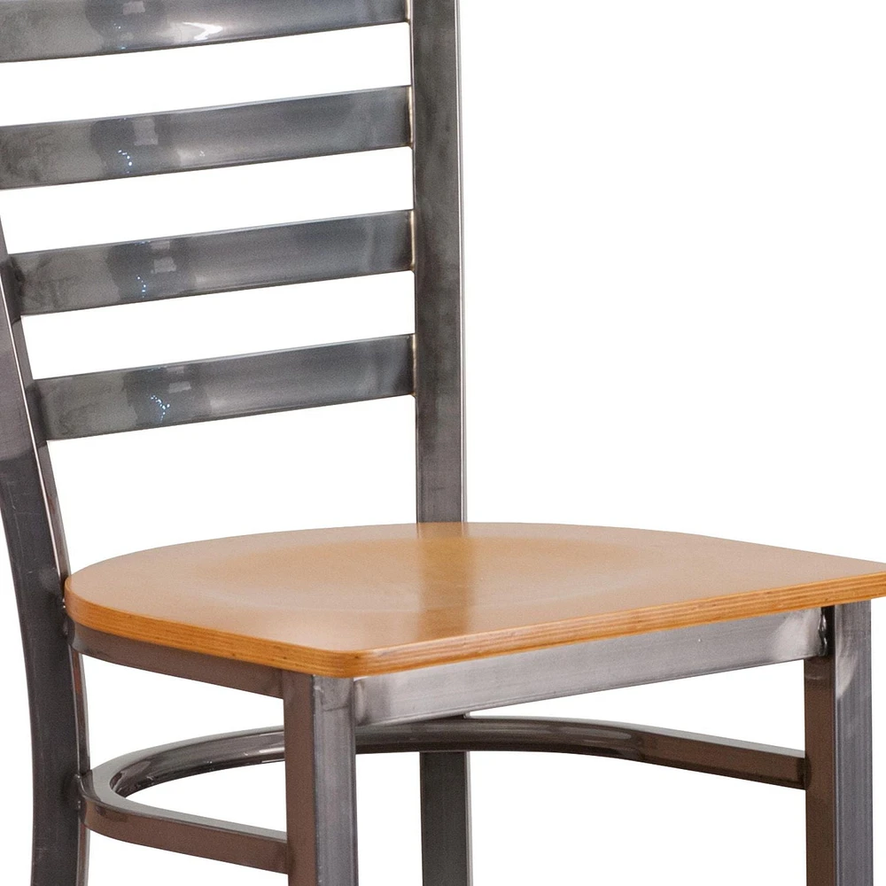 HERCULES Series Clear Coated Ladder Back Metal Restaurant Barstool - Natural Wood Seat