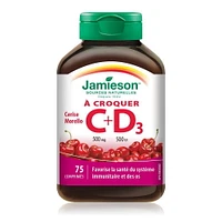 Jamieson Chewable Vitamin C 500 mg and Vitamin D3 500 IU Morello Cherry Flavour Tablets, 75 chewable tablets