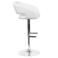 Contemporary White Vinyl Adjustable Height Barstool with Rounded Mid-Back and Chrome Base