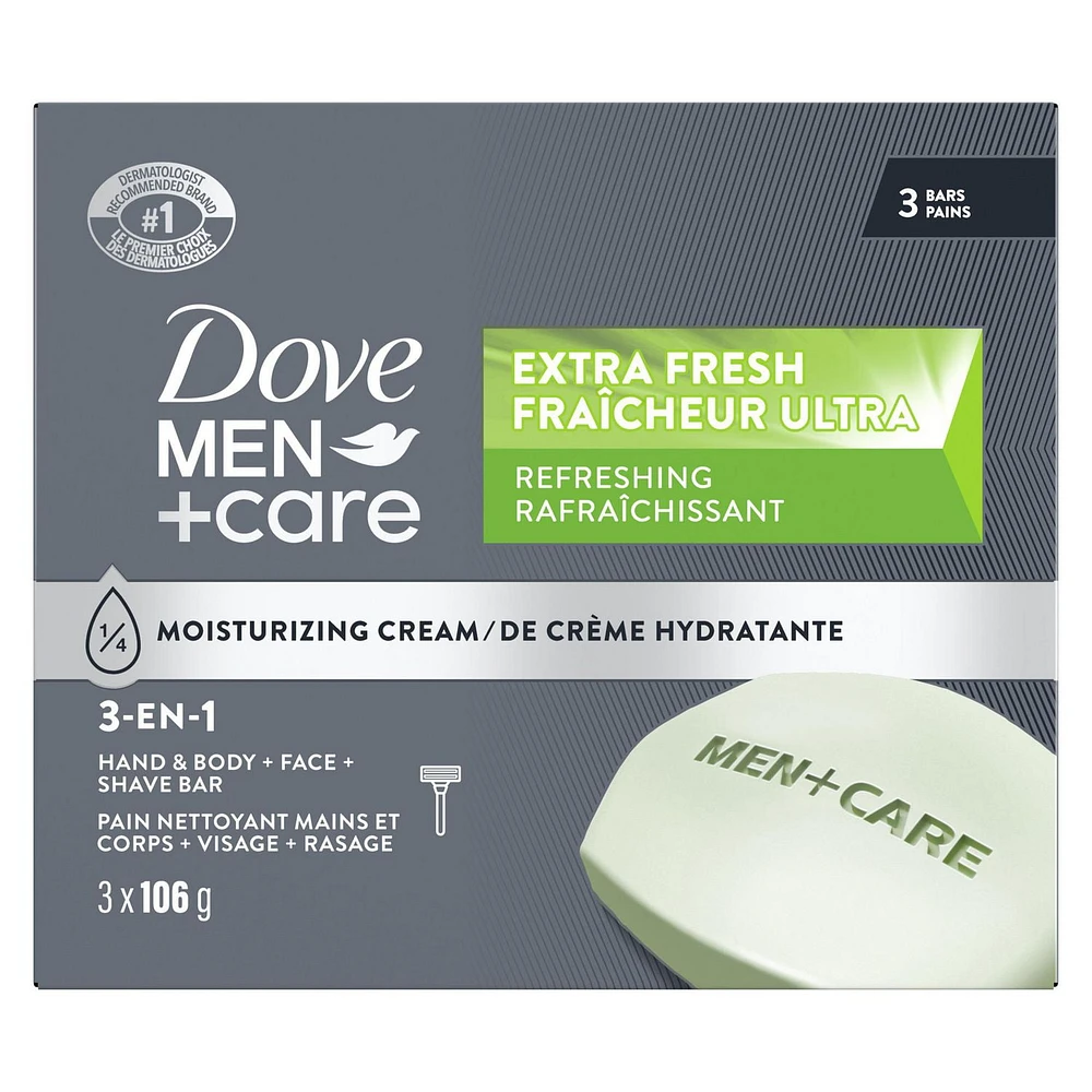 Dove Men+Care Extra Fresh Bar Soap for refreshed skin Hand & Body & Face & Shave soap bar with ¼ moisturizing cream, 106g (Pack of 3)