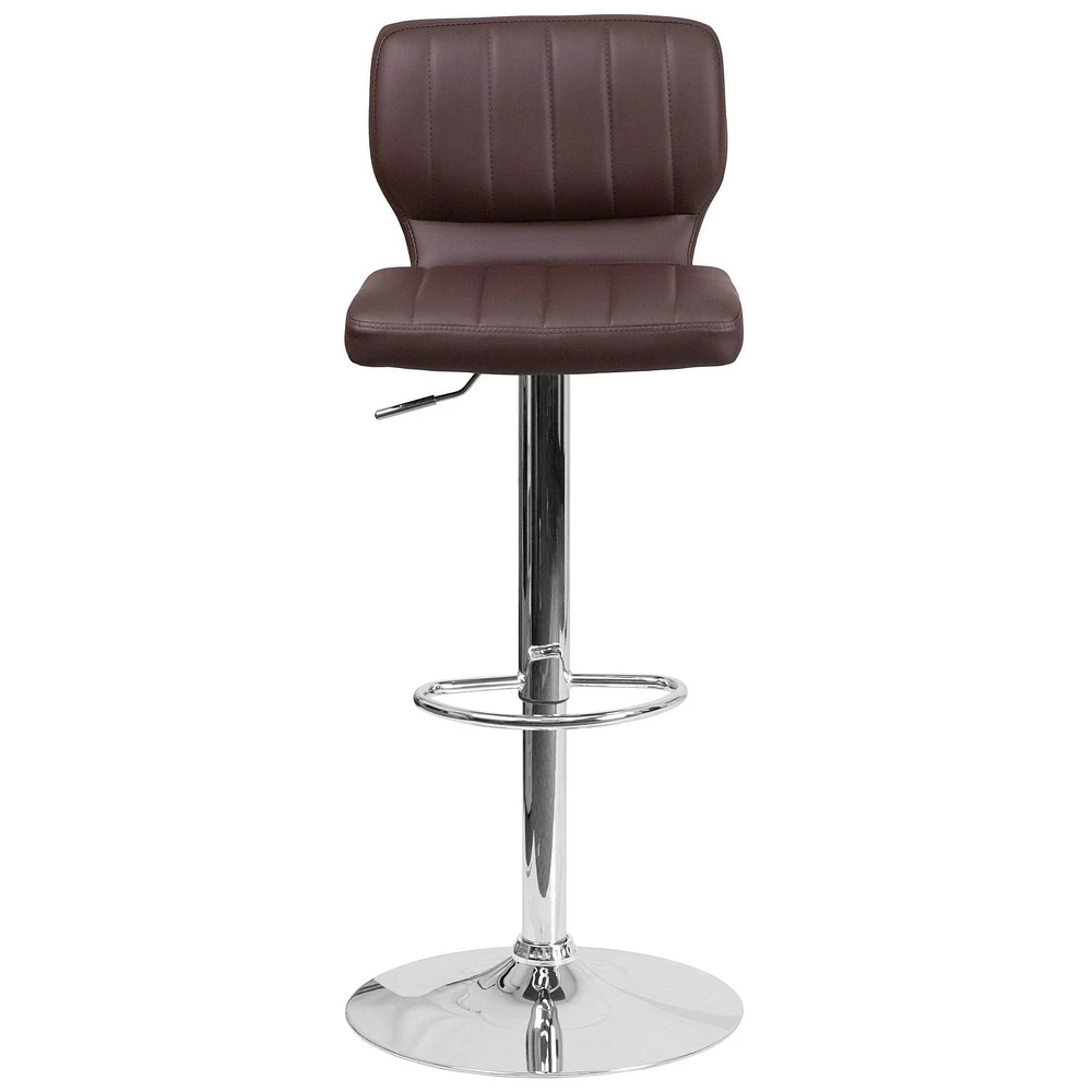 Contemporary Black Vinyl Adjustable Height Barstool with Vertical Stitch Back and Chrome Base