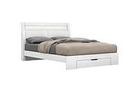 K-Living Phoebe High Gloss White Double-Size Bed with LED Light and Bookshelves in Headboard