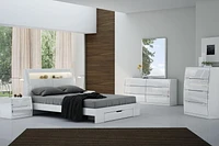 K-Living Phoebe High Gloss White Double-Size Bed with LED Light and Bookshelves in Headboard