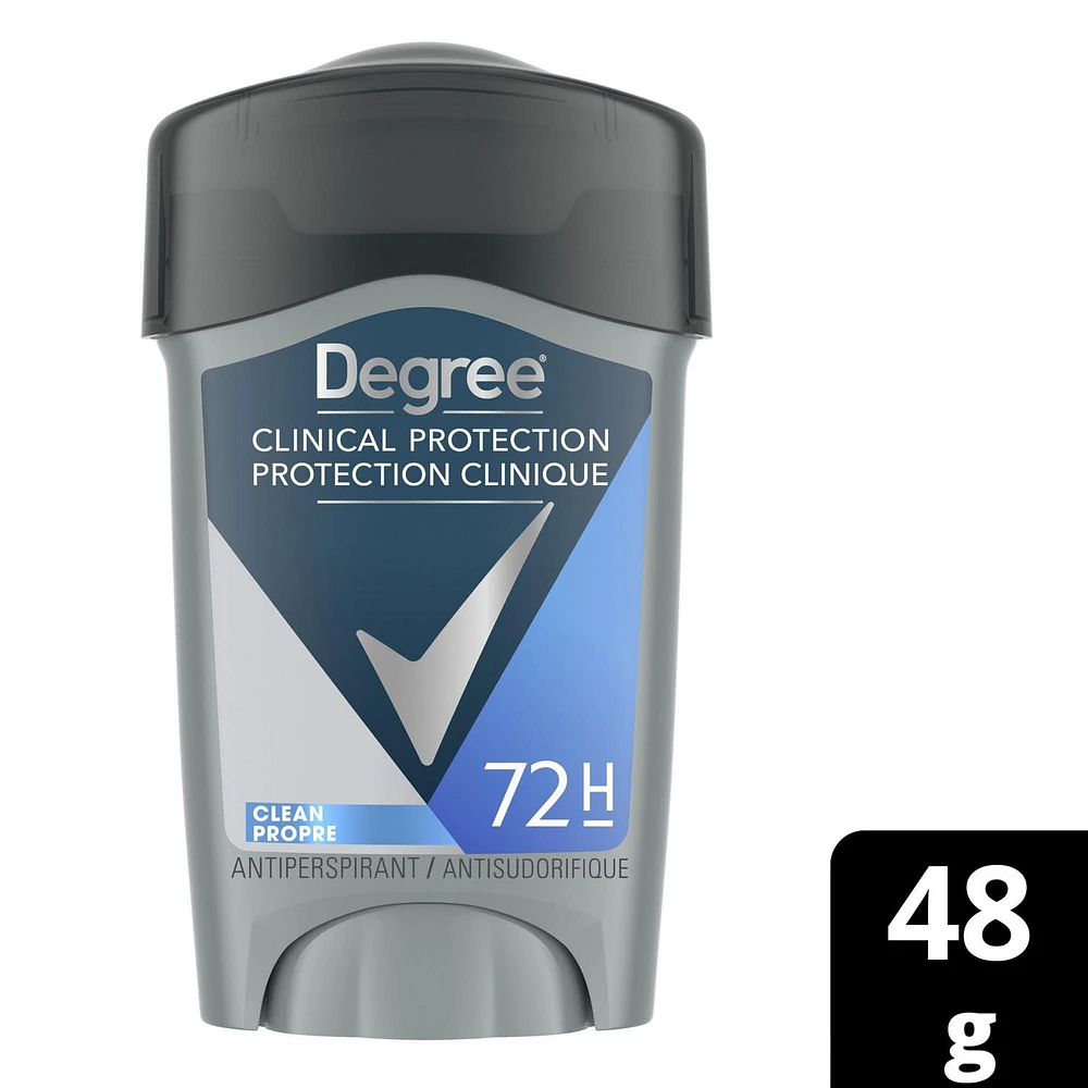 Degree Men Protection Clinique Antisudorifique, Propre Protection contre la transpiration pendant 72 heures 48g