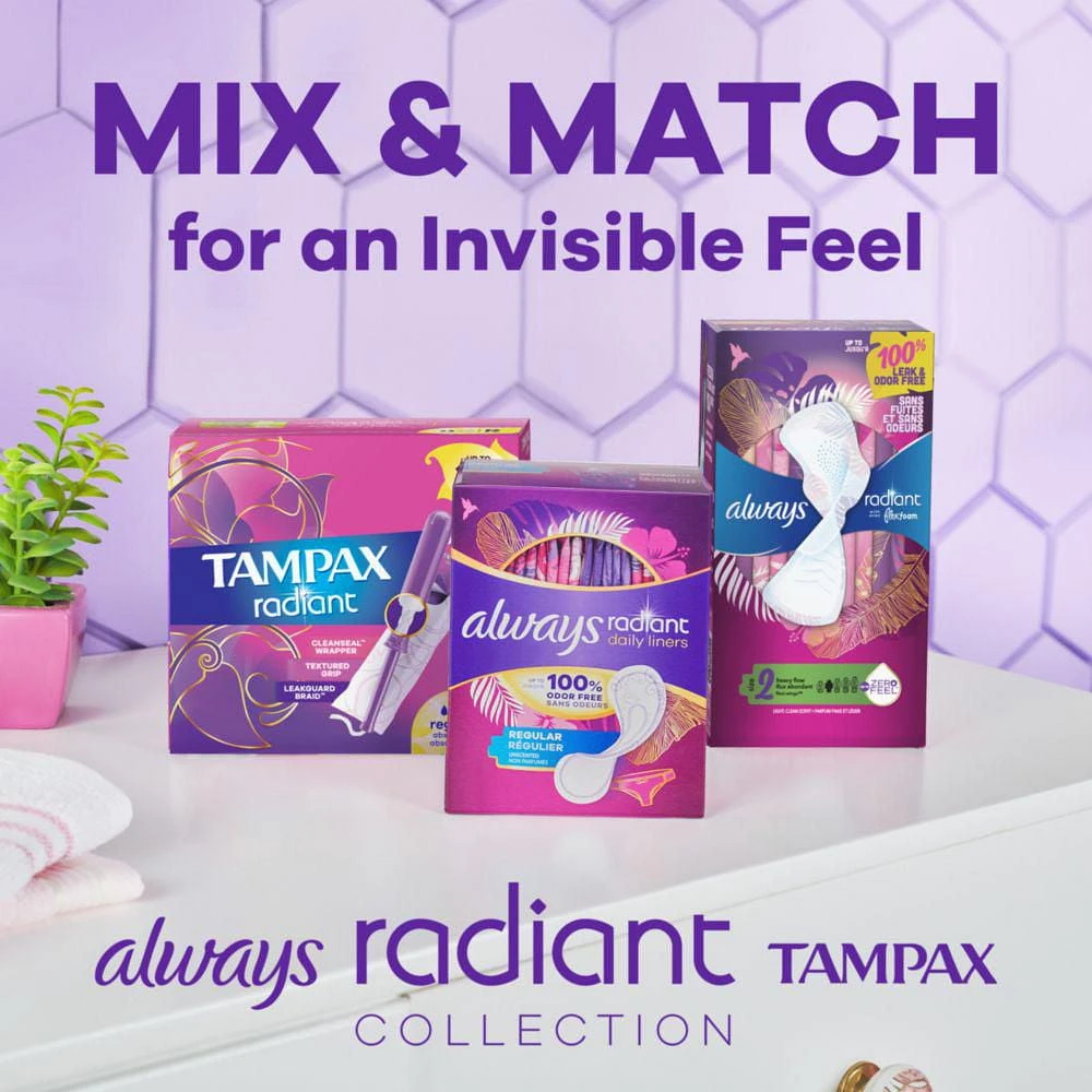 Tampons Tampax Radiant, avec tresse anti-fuites LeakGuard, degré d’absorption léger, non parfumés, 14 tampons