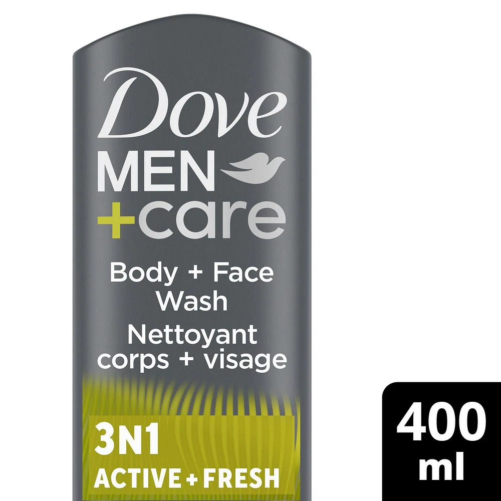 Dove Men+Care with 24-Hour Nourishing Micromoisture Technology Re-energizing Active + Fresh 3N1 Body and Face Wash, 400 ml Body + Face Wash