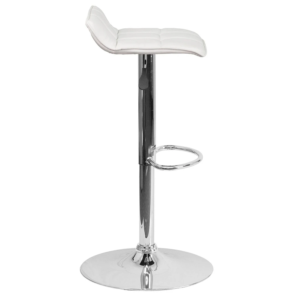 Contemporary White Vinyl Adjustable Height Barstool with Quilted Wave Seat and Chrome Base