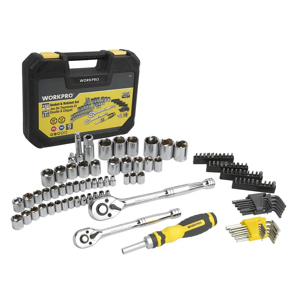 WorkPro Socket & Ratchet Set - 122 Piece, 1/4" & 3/8" Drive