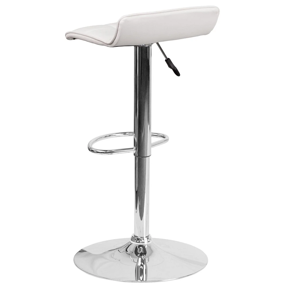 Contemporary White Vinyl Adjustable Height Barstool with Quilted Wave Seat and Chrome Base