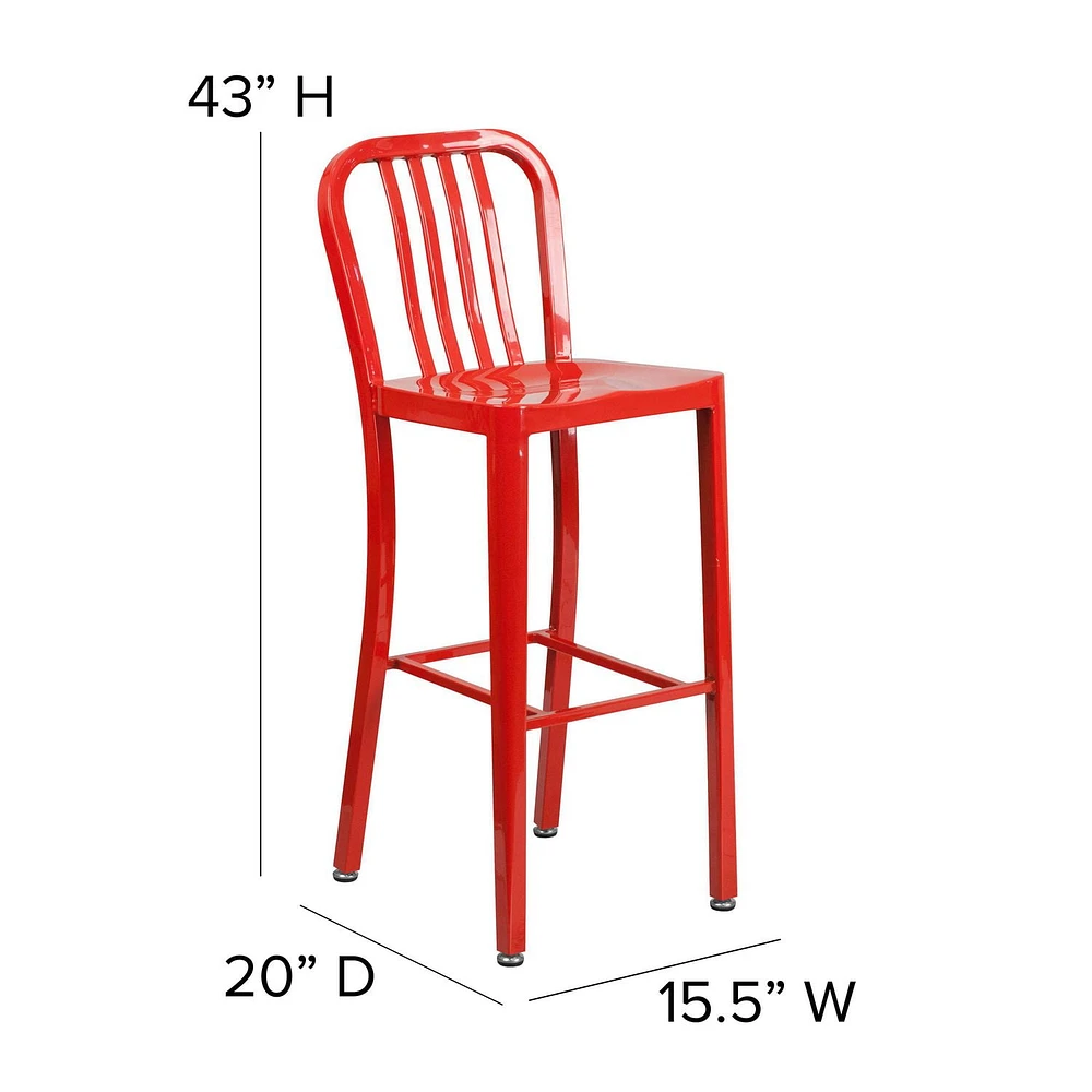 30'' High Red Metal Indoor-Outdoor Barstool with Vertical Slat Back