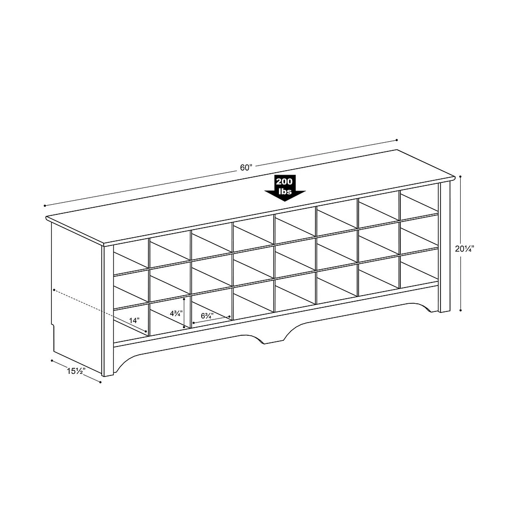 Prepac 60 in W x 20.25 in H x 15.5 in D Shoe Cubby Bench, Multiple Finishes