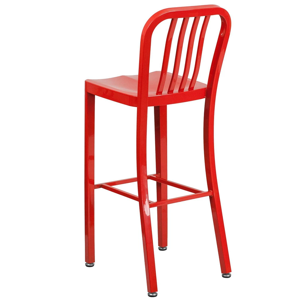 30'' High Red Metal Indoor-Outdoor Barstool with Vertical Slat Back