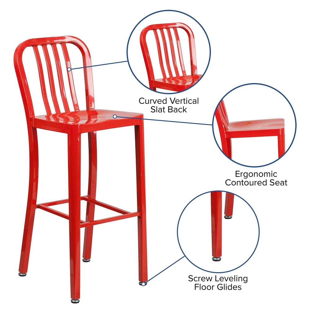 30'' High Red Metal Indoor-Outdoor Barstool with Vertical Slat Back