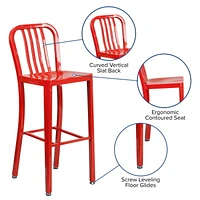 30'' High Red Metal Indoor-Outdoor Barstool with Vertical Slat Back