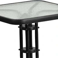 23.5'' Square Glass Metal Table with 2 Black Metal Aluminum Slat Stack Chairs