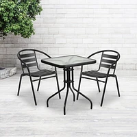 23.5'' Square Glass Metal Table with 2 Black Metal Aluminum Slat Stack Chairs