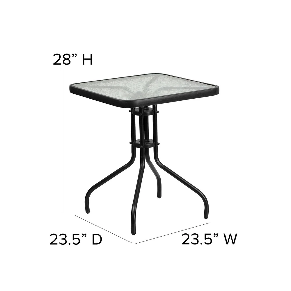 23.5'' Square Glass Metal Table with 2 Black Metal Aluminum Slat Stack Chairs