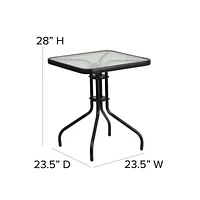 23.5'' Square Glass Metal Table with 2 Black Metal Aluminum Slat Stack Chairs