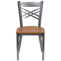 HERCULES Series Clear Coated ''X'' Back Metal Restaurant Chair - Natural Wood Seat